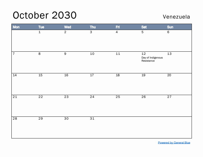 October 2030 Simple Monthly Calendar for Venezuela