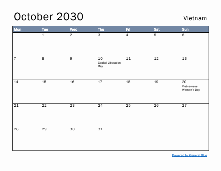 October 2030 Simple Monthly Calendar for Vietnam