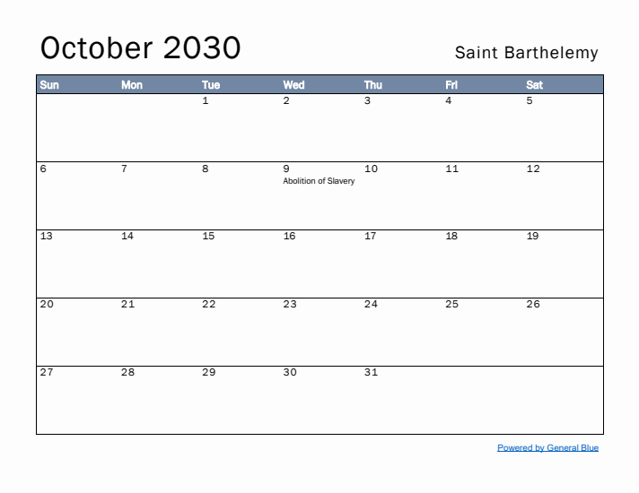 October 2030 Simple Monthly Calendar for Saint Barthelemy