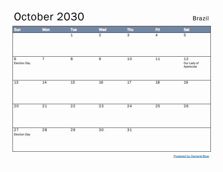 October 2030 Simple Monthly Calendar for Brazil