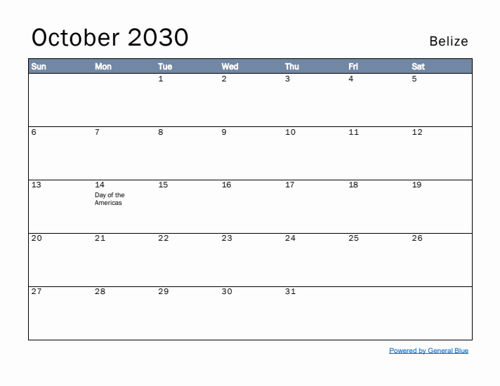 October 2030 Simple Monthly Calendar for Belize