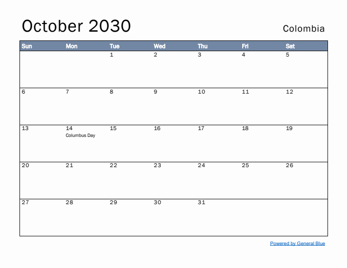 October 2030 Simple Monthly Calendar for Colombia