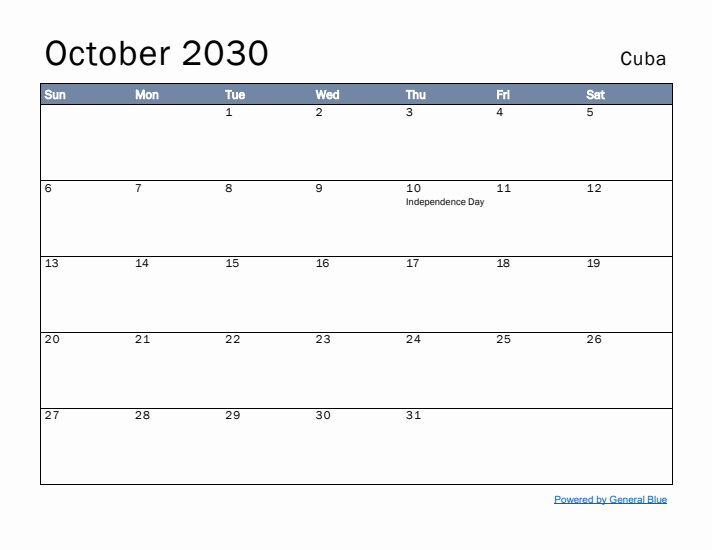 October 2030 Simple Monthly Calendar for Cuba