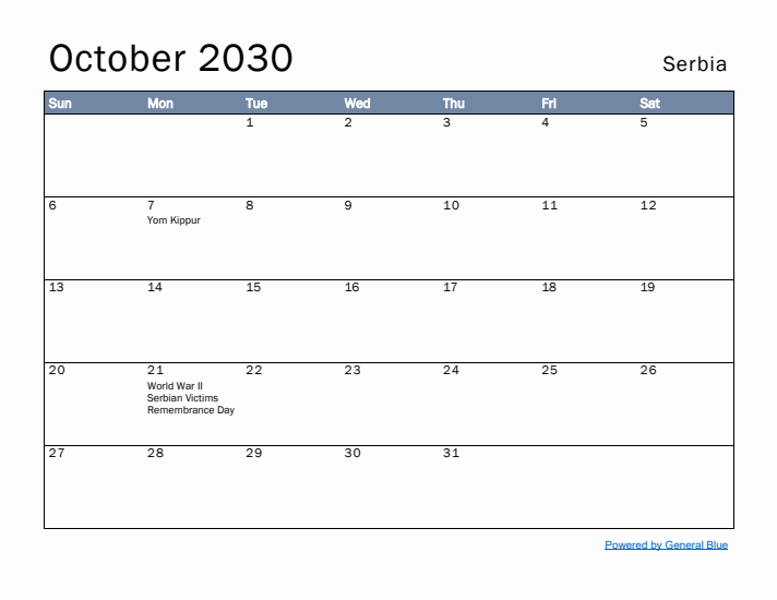 October 2030 Simple Monthly Calendar for Serbia