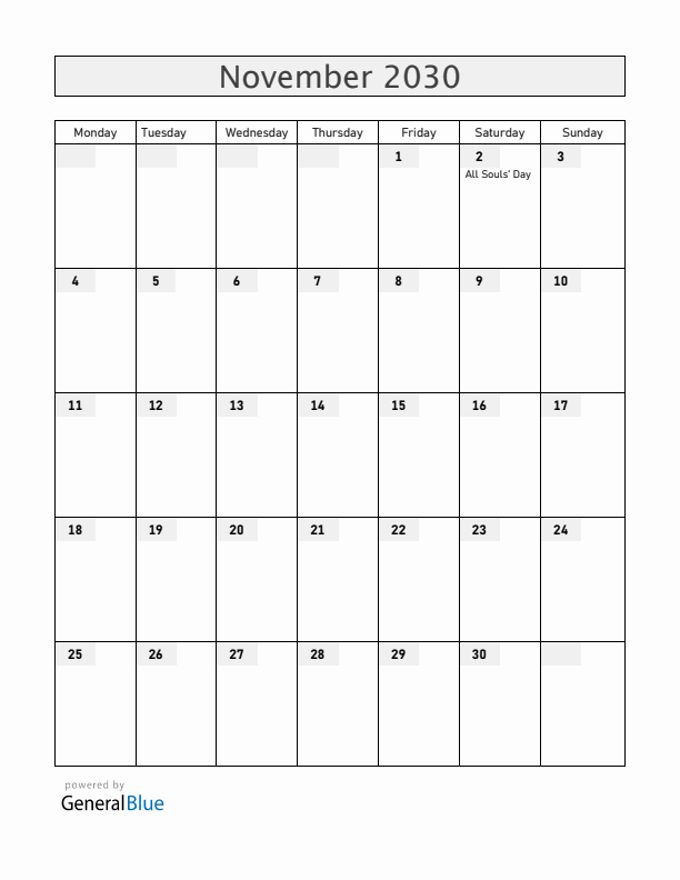 El Salvador November 2030 Calendar with Holidays