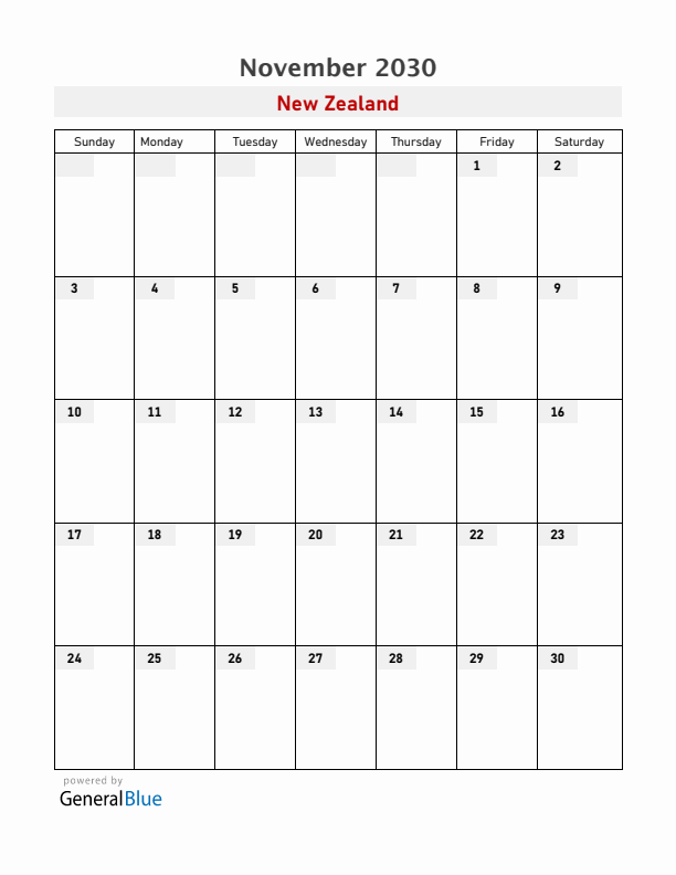 New Zealand November 2030 Calendar with Holidays