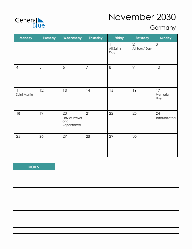 Calendar with Notes Printable - Monday Start