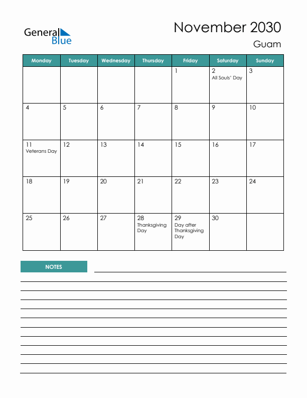 Calendar with Notes Printable - Monday Start