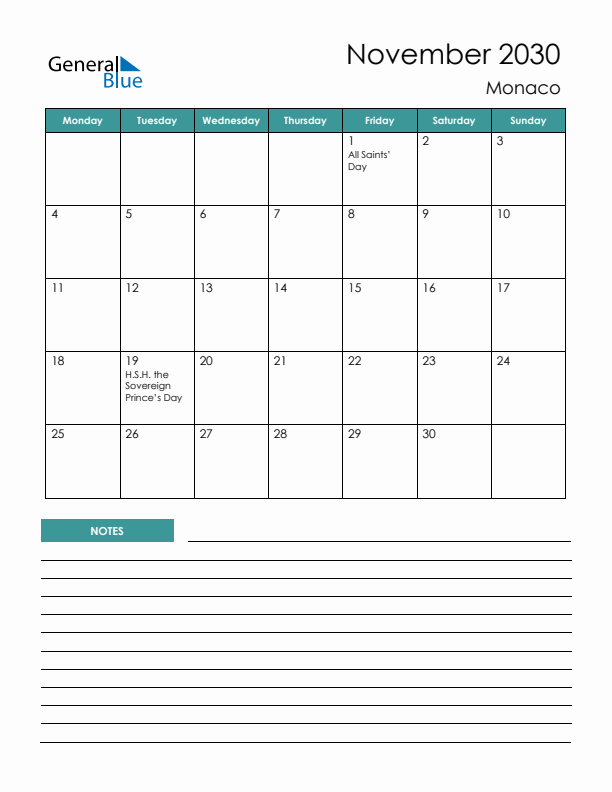 Calendar with Notes Printable - Monday Start