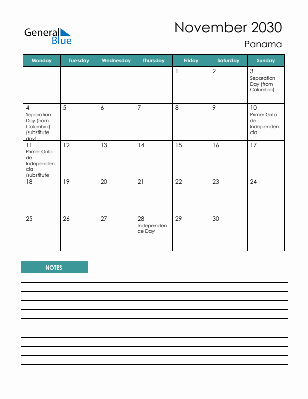 Calendar with Notes Printable - Monday Start