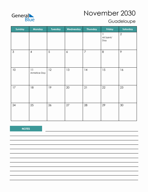 Calendar with Notes Printable - Sunday Start