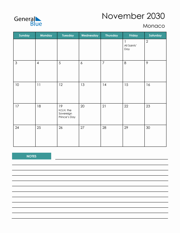 Calendar with Notes Printable - Sunday Start