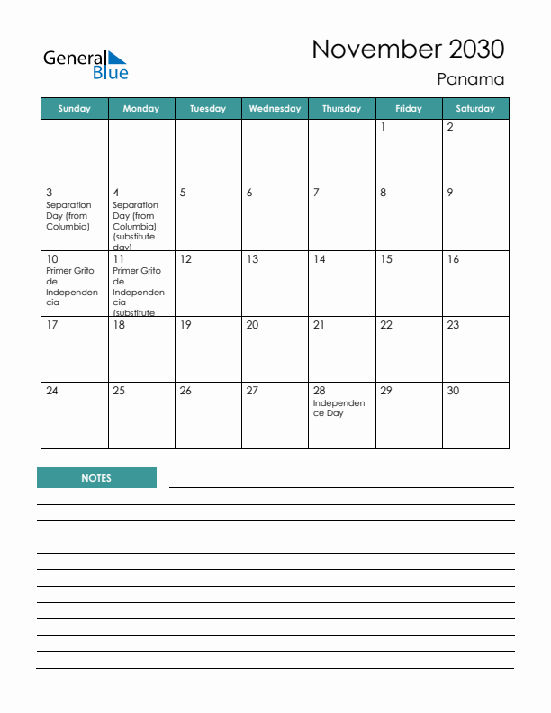 Calendar with Notes Printable - Sunday Start