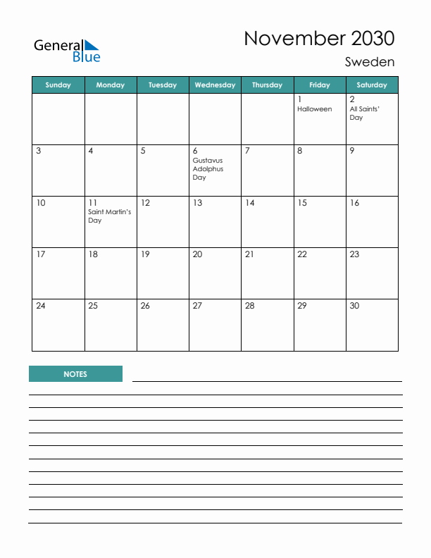 Calendar with Notes Printable - Sunday Start