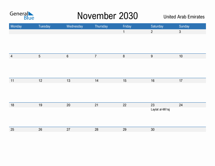 Fillable November 2030 Calendar