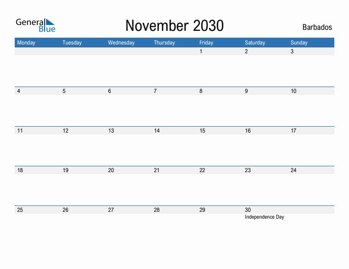 Fillable November 2030 Calendar