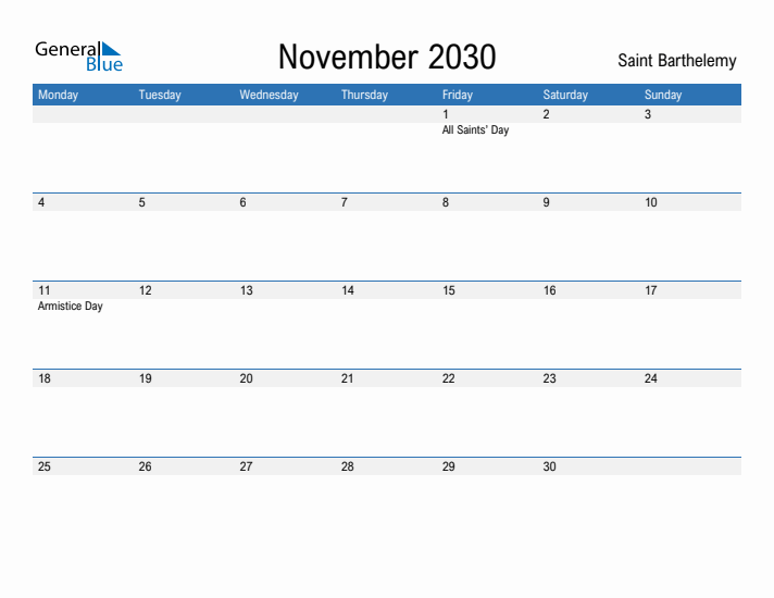 Fillable November 2030 Calendar