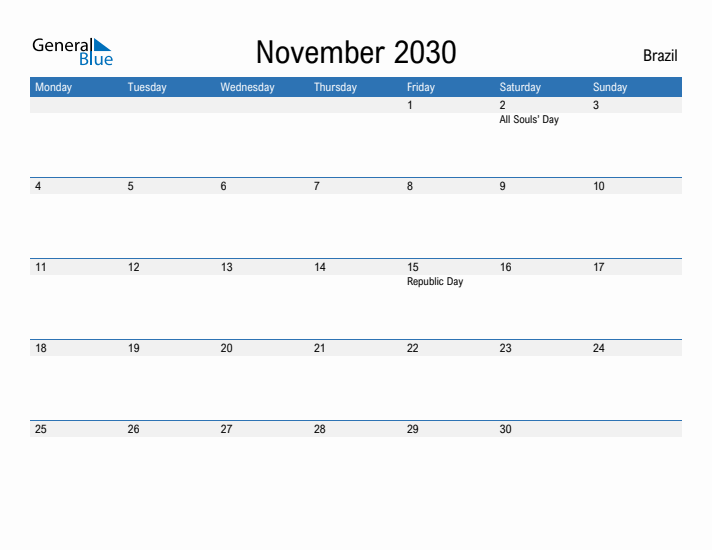 Fillable November 2030 Calendar