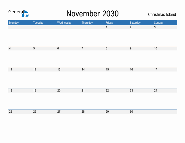 Fillable November 2030 Calendar