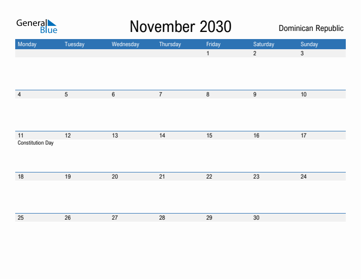 Fillable November 2030 Calendar