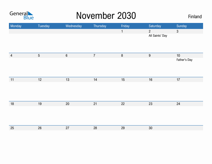 Fillable November 2030 Calendar