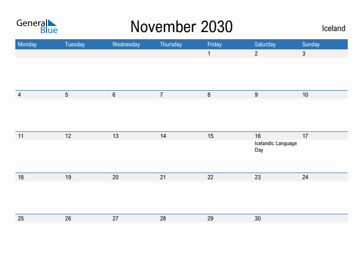 Fillable November 2030 Calendar