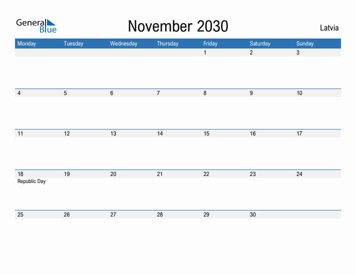 Fillable November 2030 Calendar