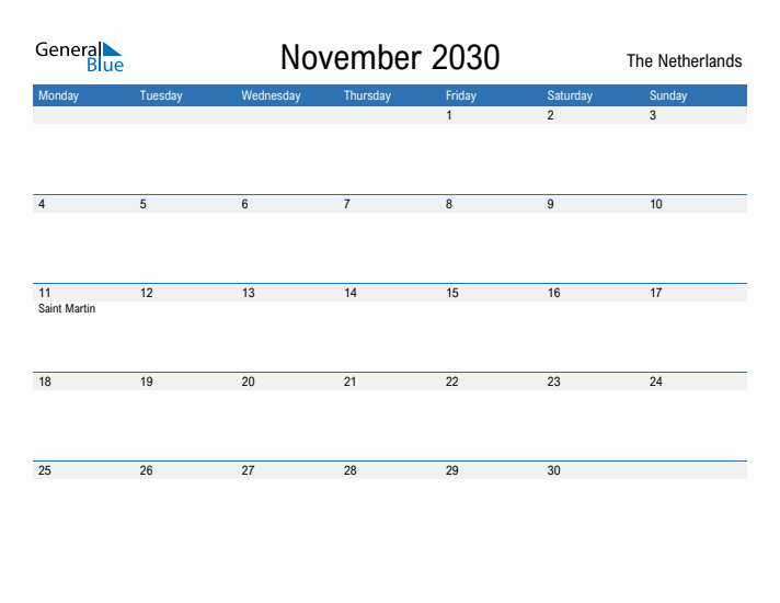 Fillable November 2030 Calendar