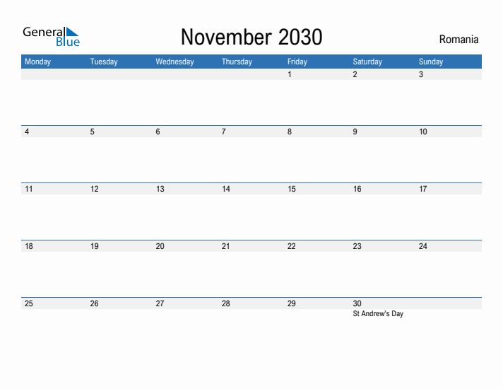 Fillable November 2030 Calendar