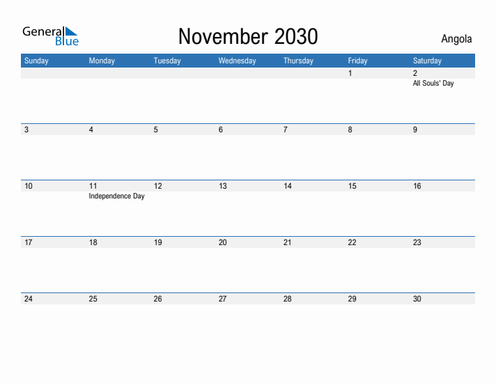 Fillable November 2030 Calendar