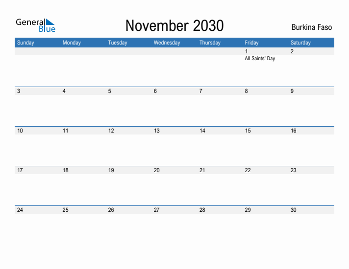 Fillable November 2030 Calendar