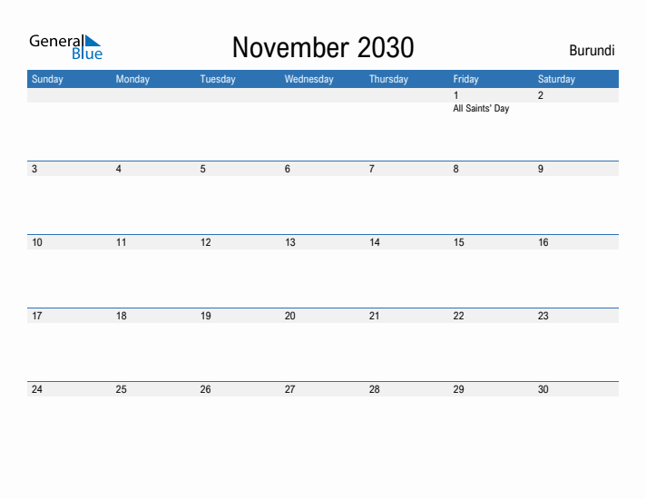 Fillable November 2030 Calendar