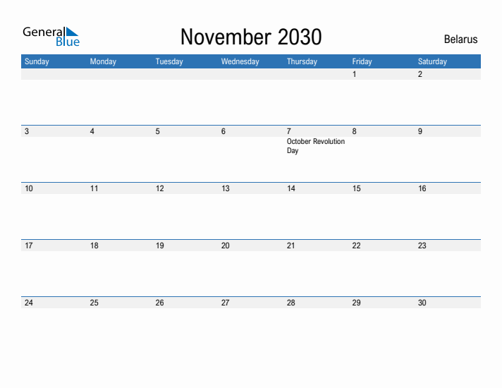 Fillable November 2030 Calendar