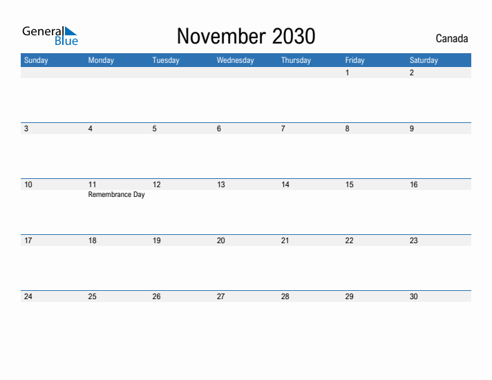 Fillable November 2030 Calendar