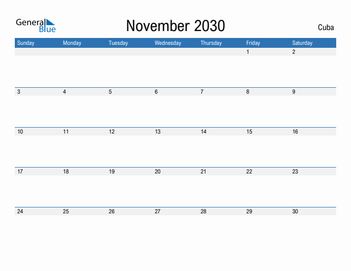 Fillable November 2030 Calendar