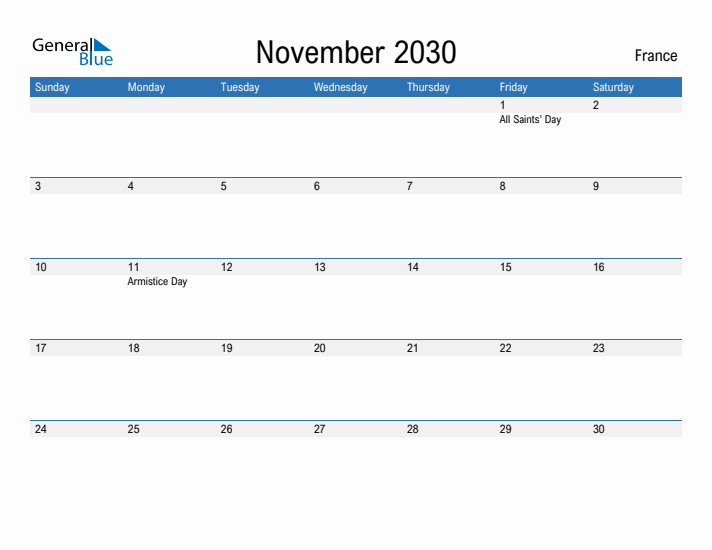 Fillable November 2030 Calendar