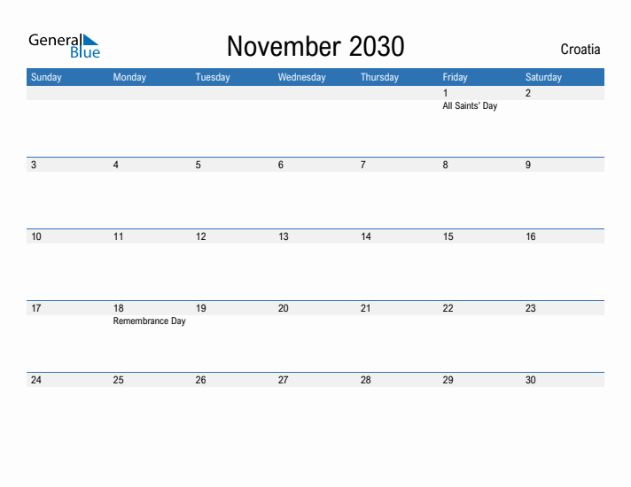 Fillable November 2030 Calendar