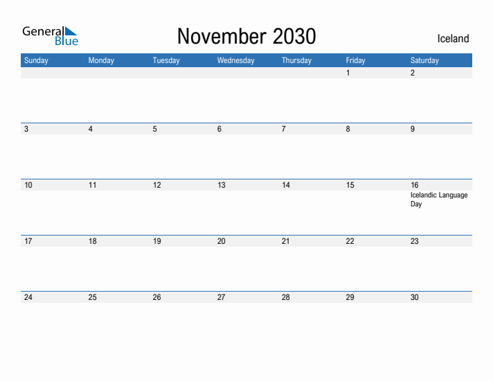 Fillable November 2030 Calendar