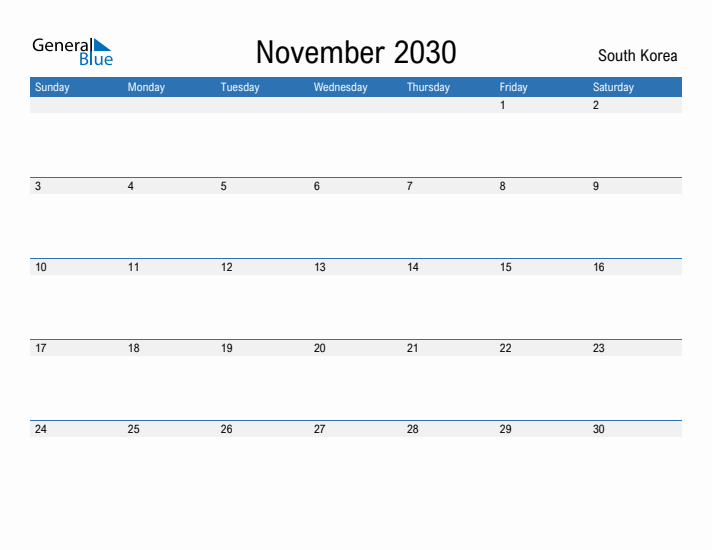 Fillable November 2030 Calendar