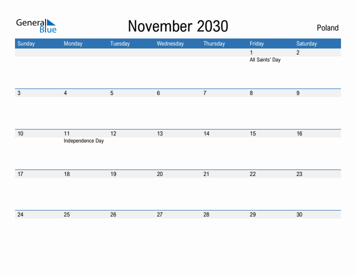 Fillable November 2030 Calendar