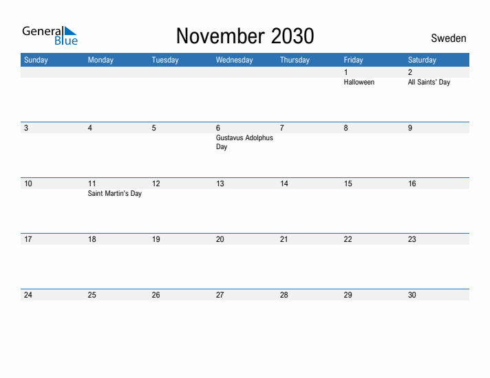 Fillable November 2030 Calendar