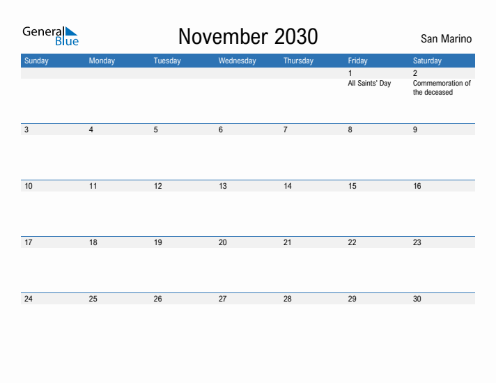 Fillable November 2030 Calendar