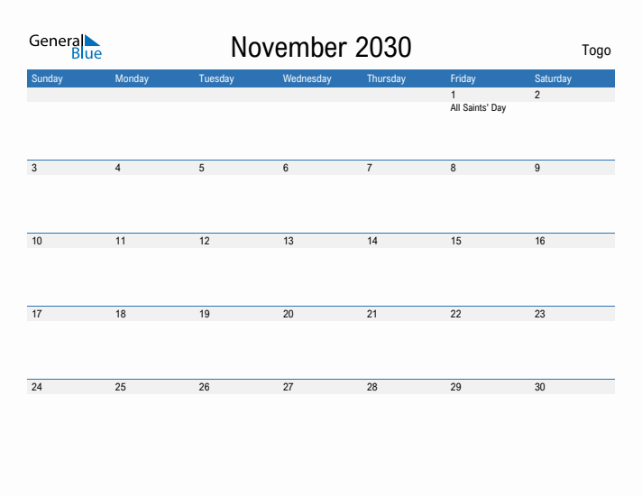 Fillable November 2030 Calendar