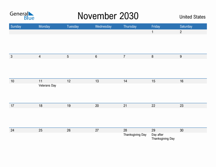 Fillable November 2030 Calendar