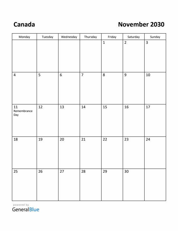 November 2030 Calendar with Canada Holidays