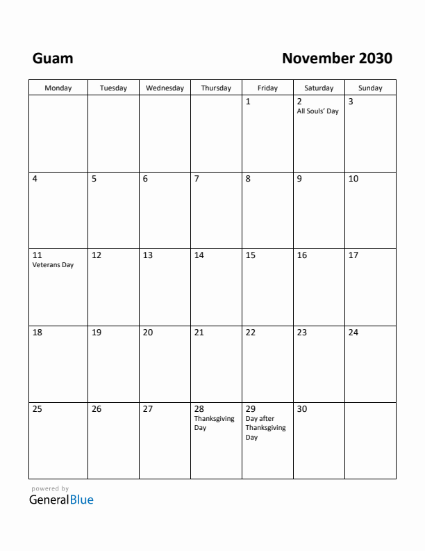 November 2030 Calendar with Guam Holidays