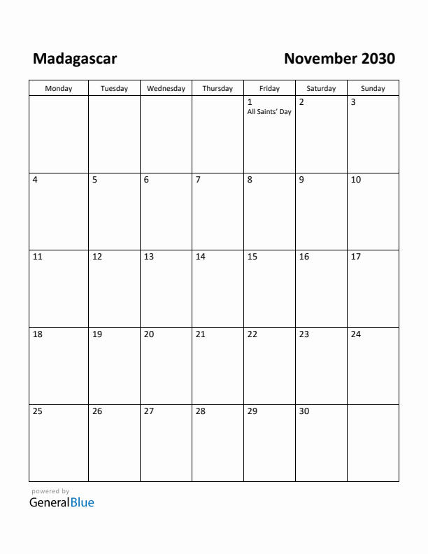 November 2030 Calendar with Madagascar Holidays