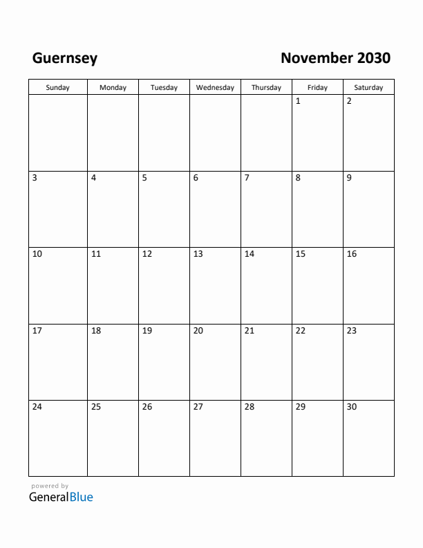 November 2030 Calendar with Guernsey Holidays