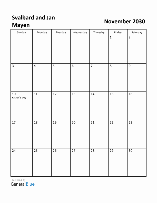 November 2030 Calendar with Svalbard and Jan Mayen Holidays