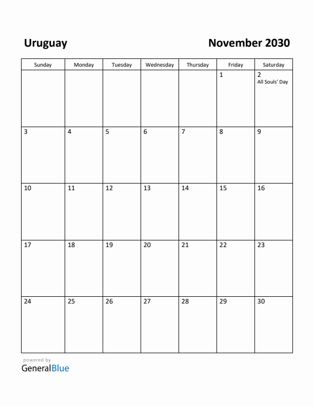 November 2030 Calendar with Uruguay Holidays